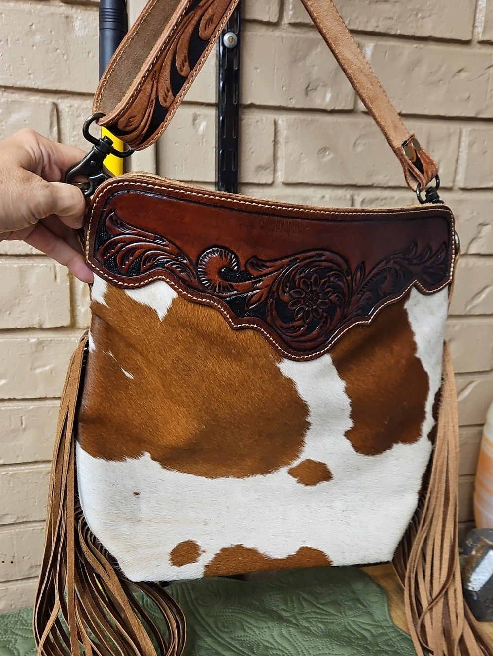 Myra Bag Brown & White Cowhide Tooled Leather Fringe Shoulder Bag